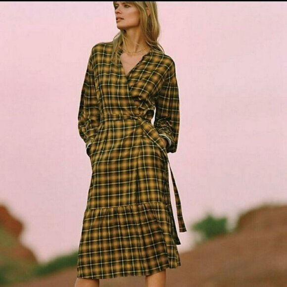 Anthropologie Dalton Wrap Dress Mustard Yellow Plaid Long Sleeve XL Womens Boho - Picture 15 of 15